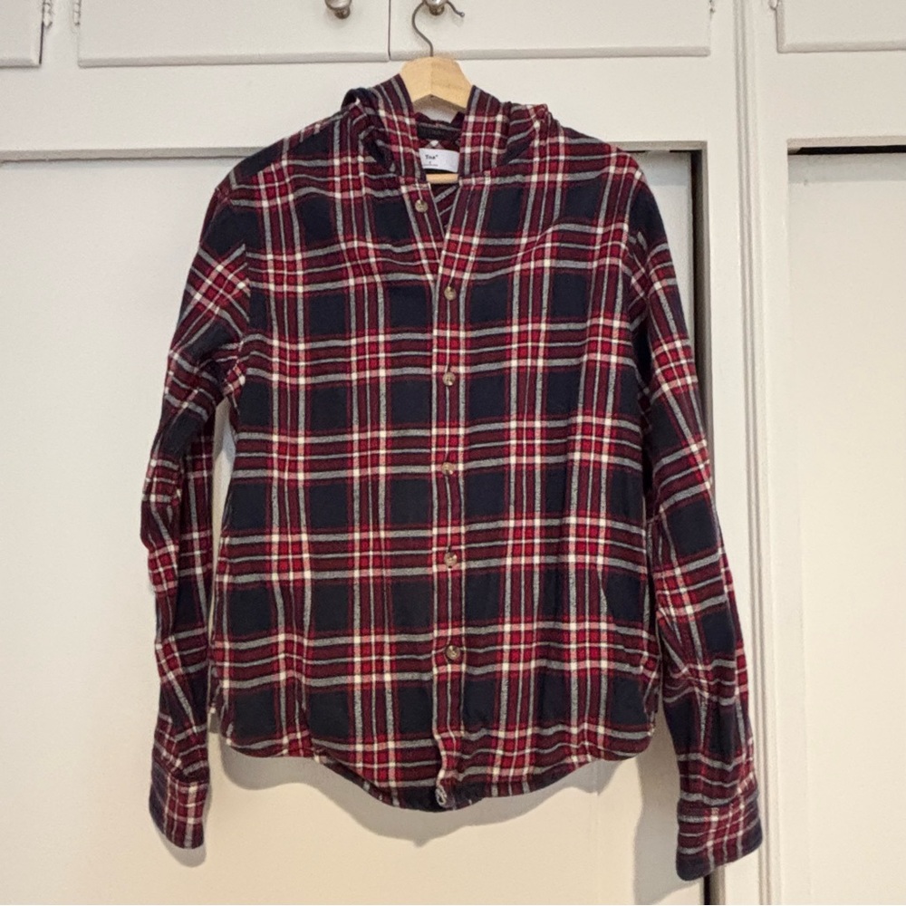 TNA Aritzia Plaid sweatshirt - Red and Blue stripped with hoodie Size S